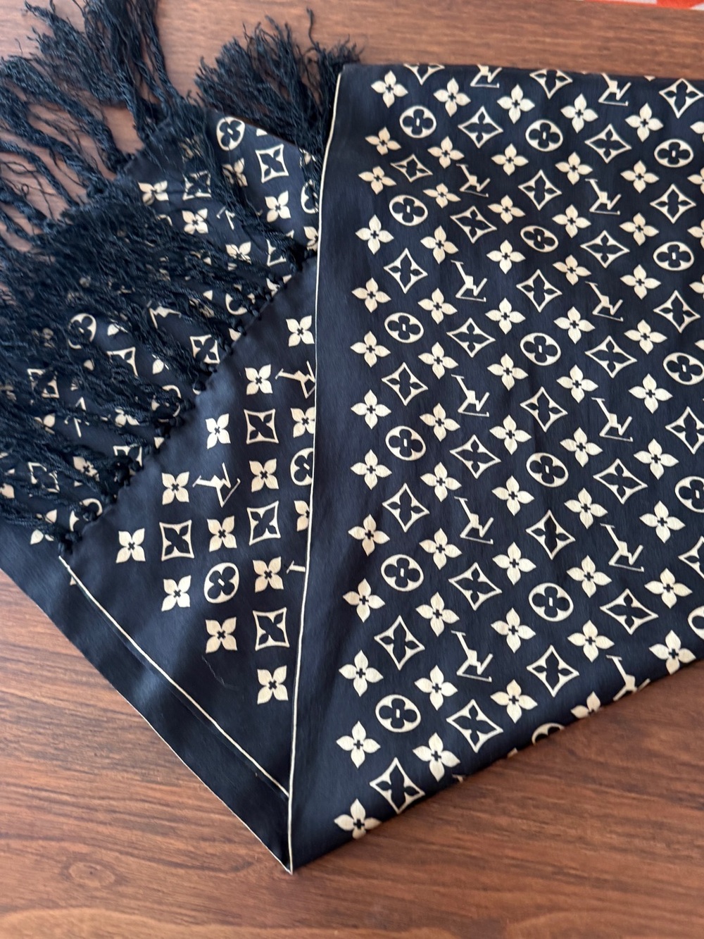 Black & Gold Monogram Silk Scarf with Fringe Luxury Print Designer Style